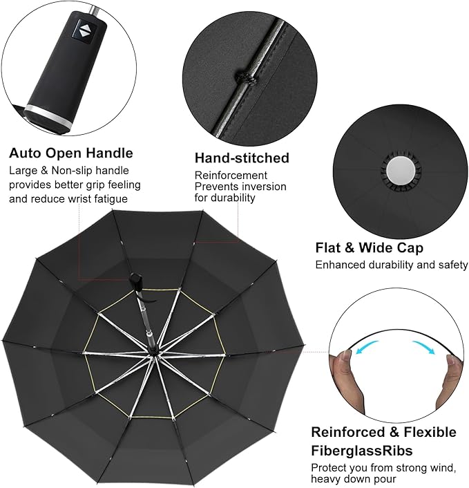 Satol Extra Large Golf Umbrella, 46/54/62 Inch Windproof 10 Ribs Vented Double Canopy Reflective Strips Automatic Open/Close Waterproof UV Protection Portable Compact Umbrella for Outdoor & Travel