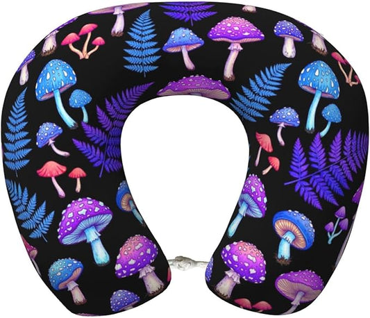 Travel Pillow for Men Women, Washable Relax U Shaped Neck Pillows for Car Head Pain Relief Sleeping Trippy Purple Blue Mushrooms