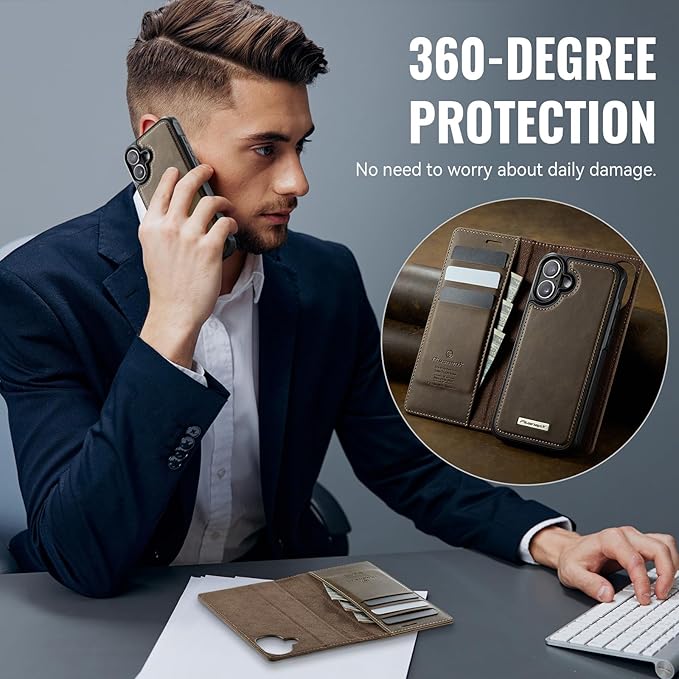 PlusnapX Wallet Case for iPhone 17 Compatible with Magsafe, 2-in-1 PU Leather Flip RFID Blocking Card Holder Stand Shockproof Magnetic Detachable Cover for iPhone 17 Case 6.3", Brown