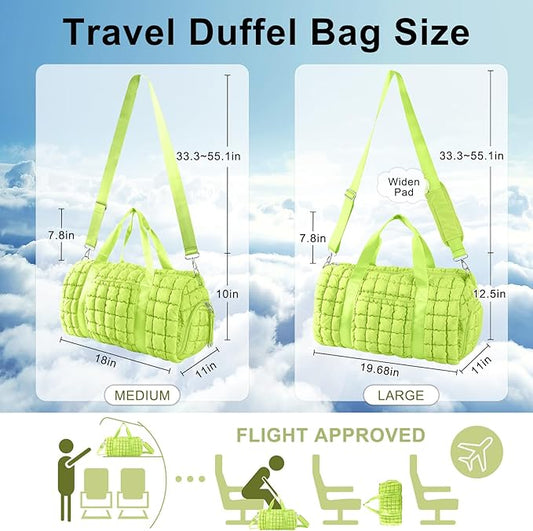Quilted Travel Duffle Bag Gym Bag for Women,Large Puffer Duffle Weekender Bag with Compartment,Workout Overnight Carry on Organizer Bag Duffle Bag for Airplane Travel(L-Green)