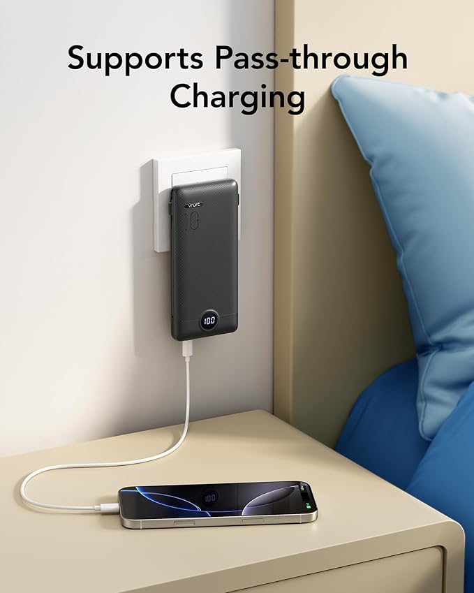 VRURC Portable Charger with Wall Plug, 10000mAh PD 20W Fast Charging Slim Portable Charger Built in Cables, Power Bank with Cords,USB C Portable Phone Charger Travel Accessories -Black(1 Pack)