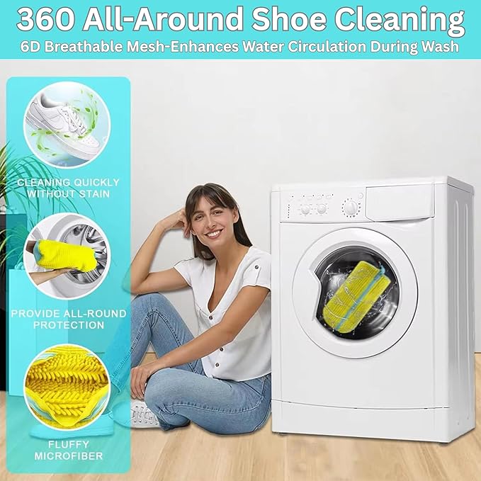 2-Pack Shoe Laundry Bags for Washer & Dryer – Reusable Sneaker laundry Bag with 360° Microfiber Cushion – Anti-Deform, Tear-Resistant, Foldable shoe washing machine bag, 39x19cm – Yellow