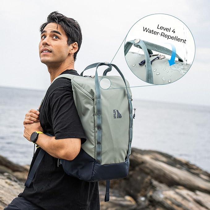 INUK Laptop Backpack for College Students & Work, 25L Lightweight Waterproof Backpack for Business Travel, Hiking Daypack with Padded Sleeve and Safety Whistle, Made from Recycled Materials，Green