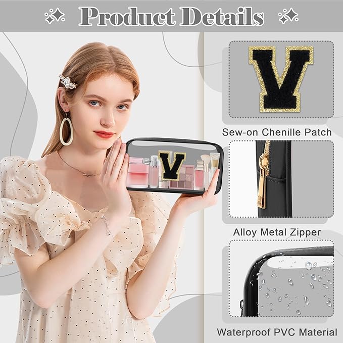 Personalized Initial Letter Clear Makeup Bag,Preppy Small Nylon&PVC Cosmetic Zipper Bag with Chenille Letter,Travel Skincare Toiletry Bag,Monogram Christmas Gift for Teen Girls Women,V