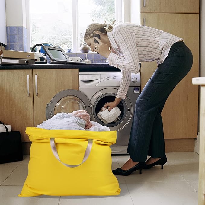 Cotton Canvas Laundry Bag with Handles & Drawstring Straps, Heavy Duty Extra Large Laundry Bags for Laundromat and Household, 25.5x34 Inch, Yellow