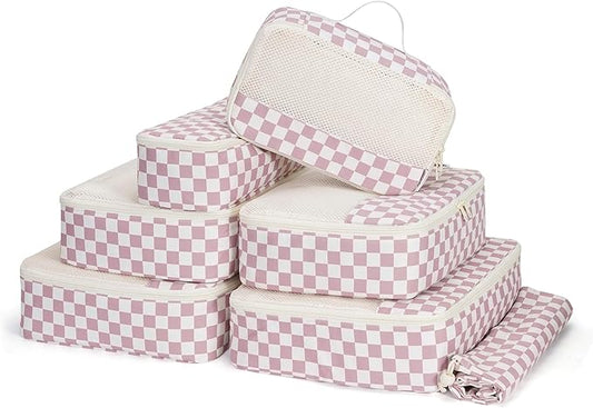Narwey 7 Set Checkered Packing Cubes for Travel Carry on Suitcase Luggage Organizer Bags for Kids Women Men, Durable Packing Organizers Bag, Travel Essentials Accessories (Dusty Pink Checkerboard)