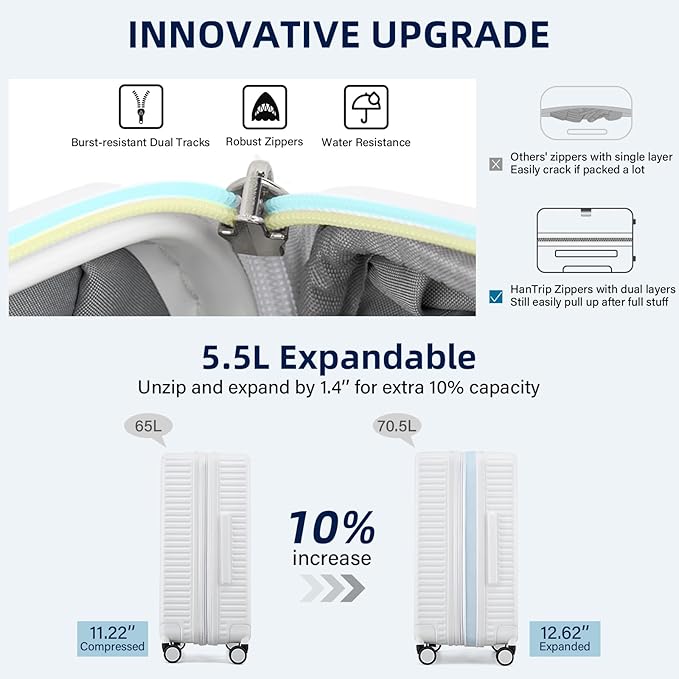 Hard Shell Suitcases Travel Expandable Luggage, 24 Inch Check in Luggage with Spinner Wheels Cup Holder Charger Built in, Checked Medium Suitcase Lightweight Suitcases, White