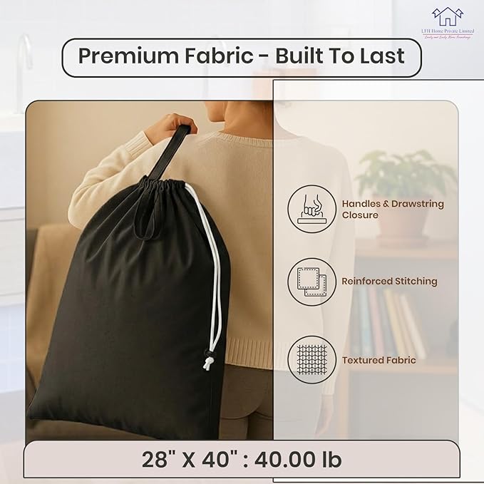 LFH Home Large Premium Cotton Canvas Laundry Bag with Drawstring and Handles Heavy Duty, Multi-Use, and Washable for Home, Travel, College or Storage 28x40 (Pack of 4)-Black