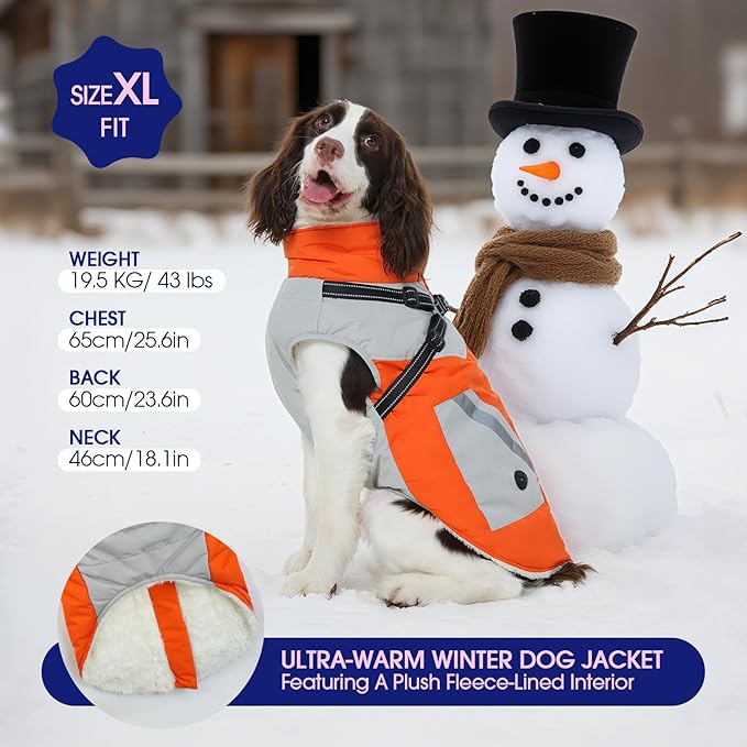 FUAMEY Dog Winter Jackets for Large Dogs,Dog Coat with Harness Built in,Waterproof Dogs Snowsuits Warm Pet Jacket Zip Up Fleece Cold Weather Coats Reflective Safety Pets Hunting Vest Orange 2XL