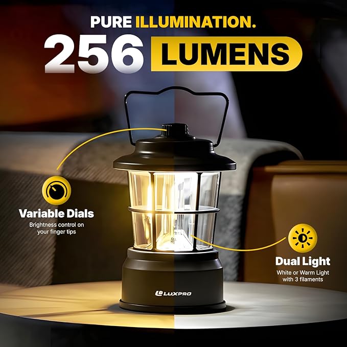 LUXPRO Retro LED Lantern - Battery-Powered Emergency Lantern - Water Resistant - Bright LED Lamp for Indoor & Outdoor Use - Use for Tents, Hiking or Hurricane Prep (Black, Pack of 2)