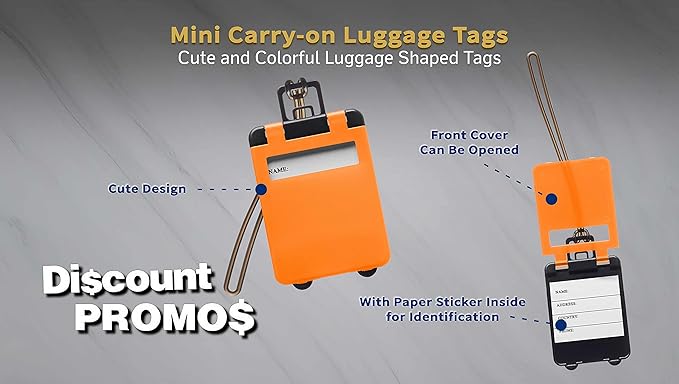 10 Mini Carry-on Luggage Tags Pack - Flip Open Cover, ID Sticker - Orange