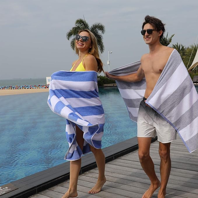 Cotton Oversized Beach Towel - Large 70 x 35 Inch Pool Towel, Grey Striped Quick Dry Swimming Cabana Towel