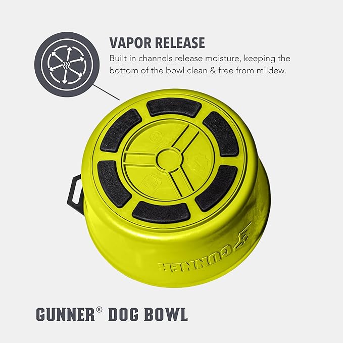 GUNNER Dog Bowl with Spill-Proof Travel Lid – 7.5" x 3.75", 1.3 lb, 7-Cup Capacity, BPA-Free, Rust-Proof, Shock-Resistant, Stackable, Dishwasher Safe, Leak-Resistant Nesting Lid – Yellow Green