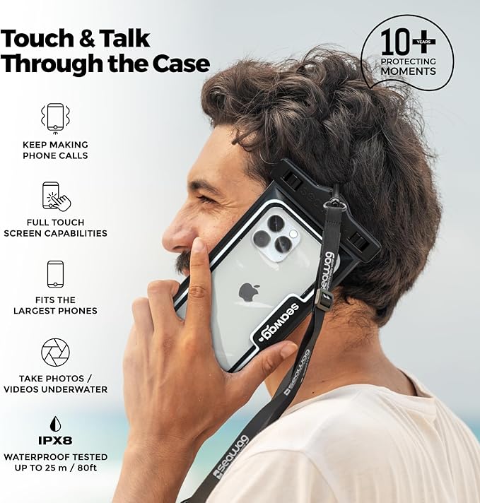 SEAWAG Next Waterproof Phone Case with Lanyard, Floating IPX8 Pouch for iPhone 17 16 Pro Max 15 14 13 12 11 and Samsung Galaxy S25 S24, Beach Cruise Travel Essentials, 1 Pack Blackwhite