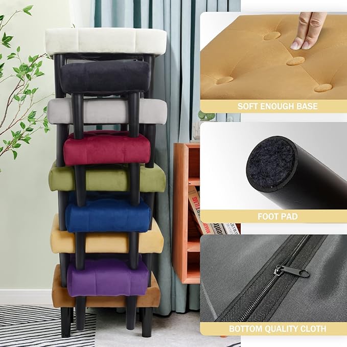 HOUCHICS Small Footstool Ottoman,Velvet Soft Footrest Ottoman with Wood Legs,Sofa Footrest Extra Seating for Living Room Entryway Office(Yellow 1PACK)