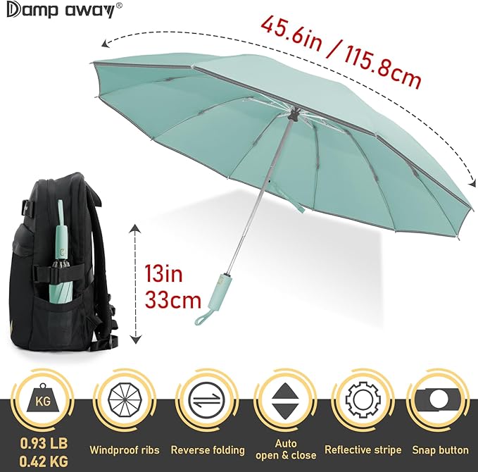 Windproof Travel Umbrella for Rain, Large Portable Reverse Folding Car Umbrella, Inverted Design, Compact Auto Open Close with Durable Waterproof Canopy, Fits Backpack/Women Men, 45.6 Inch