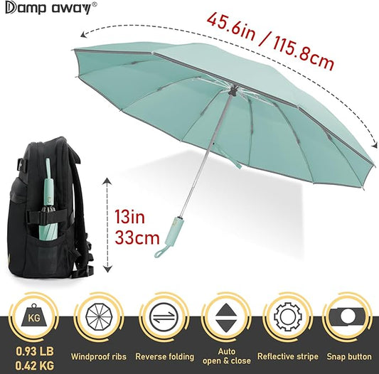 Windproof Travel Umbrella for Rain, Large Portable Reverse Folding Car Umbrella, Inverted Design, Compact Auto Open Close with Durable Waterproof Canopy, Fits Backpack/Women Men, 45.6 Inch