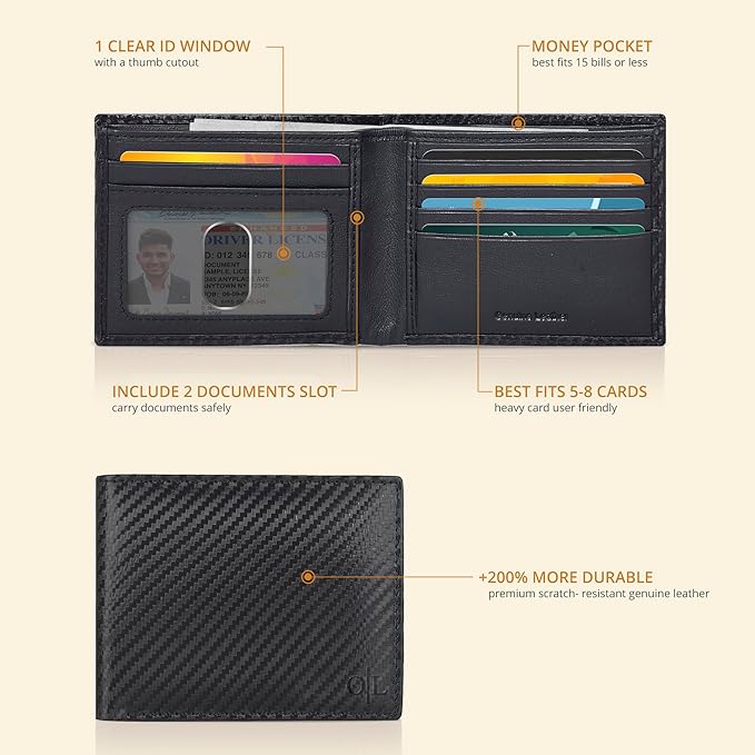 Oak Leathers Slim Leather Wallet for Men - RFID Blocking Slim Minimalist Front Pocket - Thin & Stylish with ID Window, Gift For Men (Small,01Black Carbon Fibre)