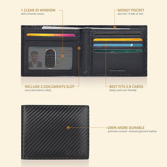 Oak Leathers Slim Leather Wallet for Men - RFID Blocking Slim Minimalist Front Pocket - Thin & Stylish with ID Window, Gift For Men (Small,01Black Carbon Fibre)