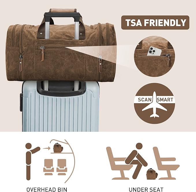 Wildroad Waxed Canvas Genuine Leather 50L Waterproof Duffle Bag - Vintage Travel Weekender Overnight Carry On