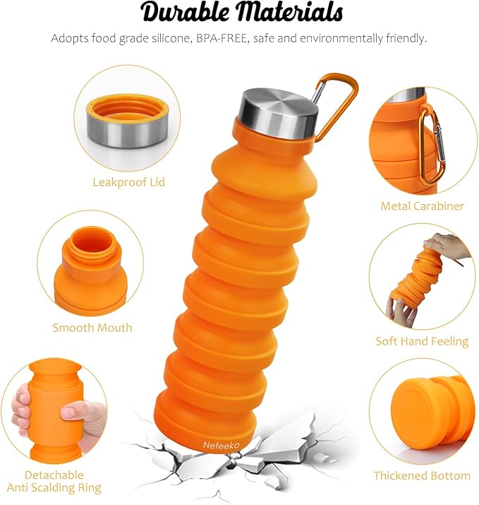 Nefeeko Collapsible Water Bottle, Reuseable BPA Free Silicone Foldable Water Bottles for Travel Gym Camping Hiking, Portable Leak Proof Sports Water Bottle with Carabiner