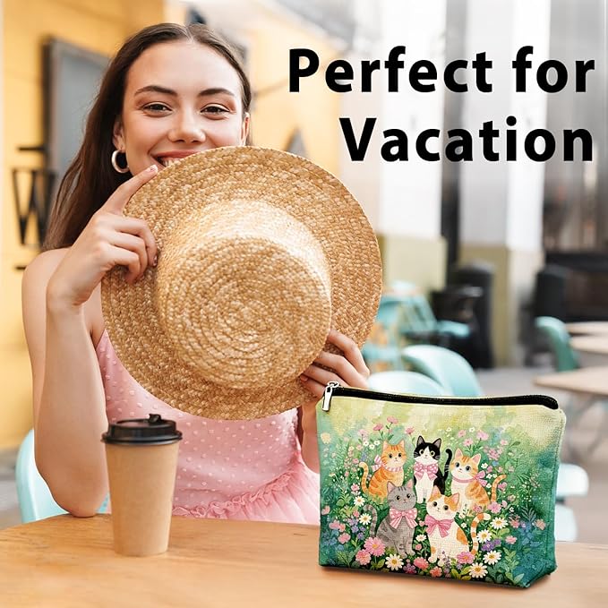Cute Cat Flower Small Makeup Bag for Women, Kitty Cosmetic Zipper Travel Toiletry Bag for Daughters, Friends, Cats Girl & Women. Ideal Gifts For Travel, Birthdays, Graduation & Christmas.