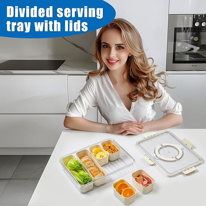 Bandesun Divided Serving Tray with Lid and Handle - Clear Organizer for Candy, Fruits, Nuts, Snacks - Snackle Box Charcuterie Container for Portable Snack Platters - Perfect for Party, Entertaining