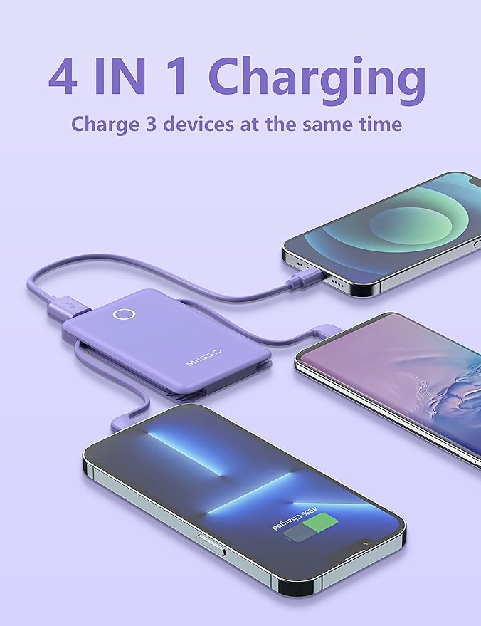 miisso 6000mah Ultra Slim Built in Cables Power Bank, Card Size Built in USB C Cords Battery Pack Portable Charger for Phones, 3 Output External Battery Pack Compatible with iPhone, Purple