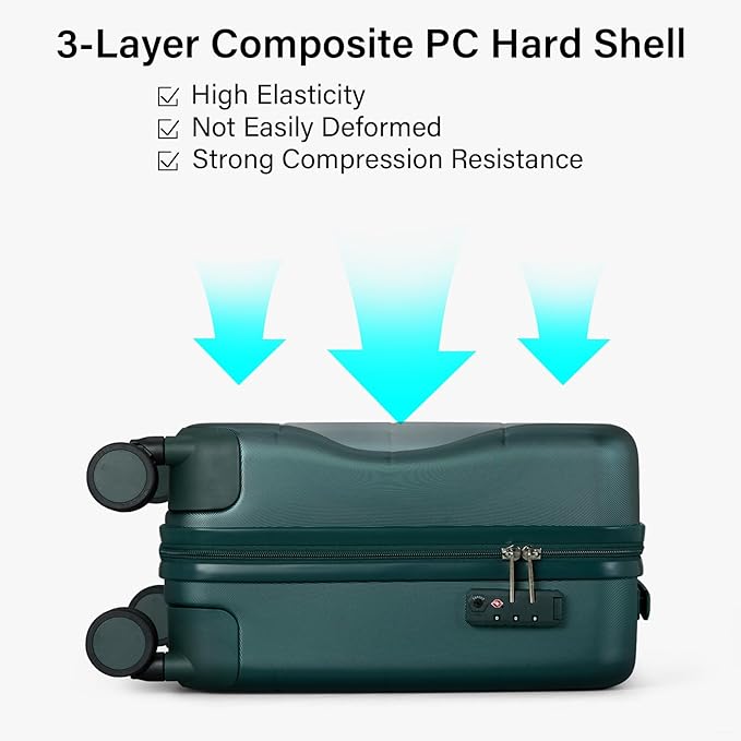 Hanke 16 Inch Underseat Carry On Luggage with Wheels Hard Shell Mini Small Suitcases Carry On Bag for Airline Approved TSA Luggage Lightweight Travel Suitcase(Blackish Green)