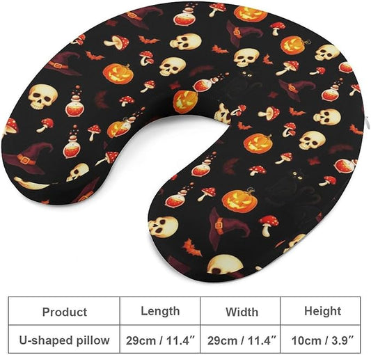 Fashion Travel Pillow Memory Foam Chin Head Support Halloween Witch Black Cat Bat Pumpkin Skull Mushroom, Breathable Washable Cover for Women Men Airplane Car Decor