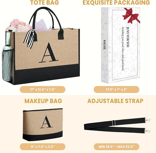 BAGAIL Initial Tote Bag, Personalized Birthday Gifts for Women, Teacher, Friends, Mom, Wedding, Monogrammed Beach Bag