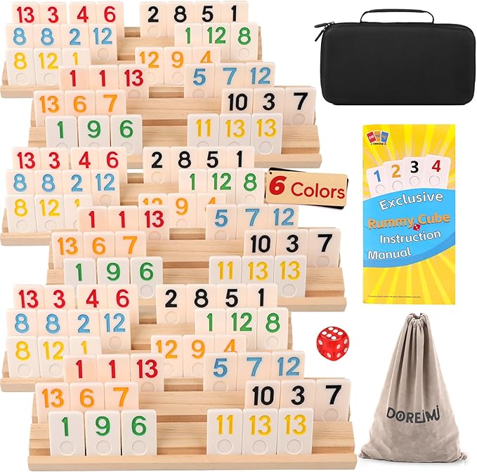 Premium Rummy Cube Game Set 6 Colors with 6 Wooden Holders and 162 Rummy Tiles, Travel Family Board Game for Adults and Kids Age 8+,Birthday Gifts for Women Men Dad Mom