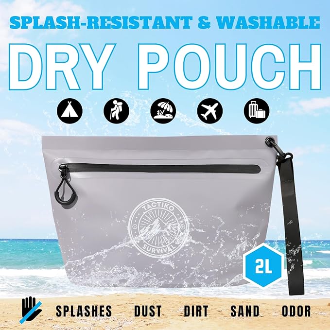 Tactiko 3L Water Resistant Pouch - Waterproof Material w/Splashproof Zipper - Hold All Zipper Bag for Storage, Toiletries, Travel, Beach, Cruise, Home (Gray)
