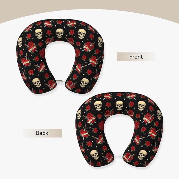 Neck Pillows for Travel Red Rose Sugar Skulls Flowers Floral, Women and Men Airplane Car Pillow, Neck Support U Shaped Pillow for Rest Pain Relief Sleeping