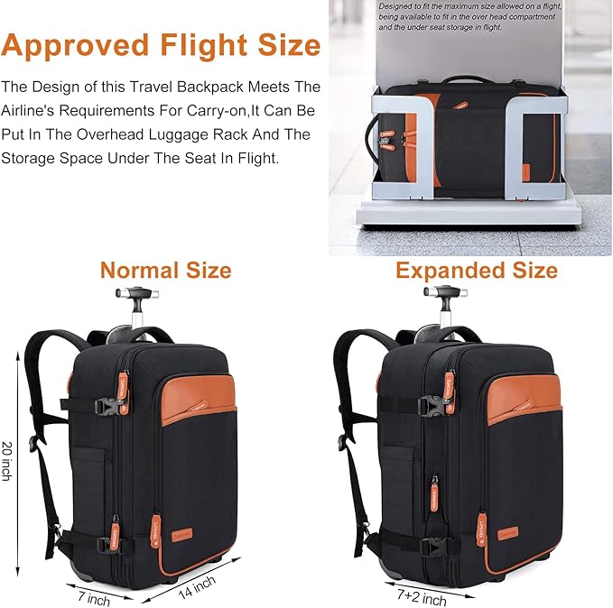 Lumesner Rolling Backpack for Men and Women, Extra Large 42L Travel Backpack with Wheels, 17.3 Inch Carry-On Laptop Bag with 4 packing cubes for Business and Work, Large Capacity Rolling Bag, Black