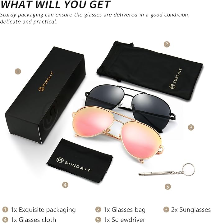 SUNGAIT Women's Lightweight Oversized Aviator Sunglasses - Classic Style Polarized Lens