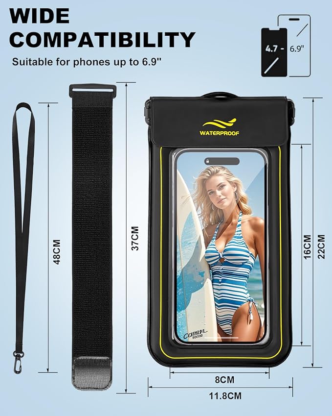 2-in-1 Waterproof Phone Pouch & Phone Armband Floating, Underwater Water Proof Phone Case with Detachable Strap, Waterproof Bags Up to 6.9", Beach Vacation Water Park Essentials