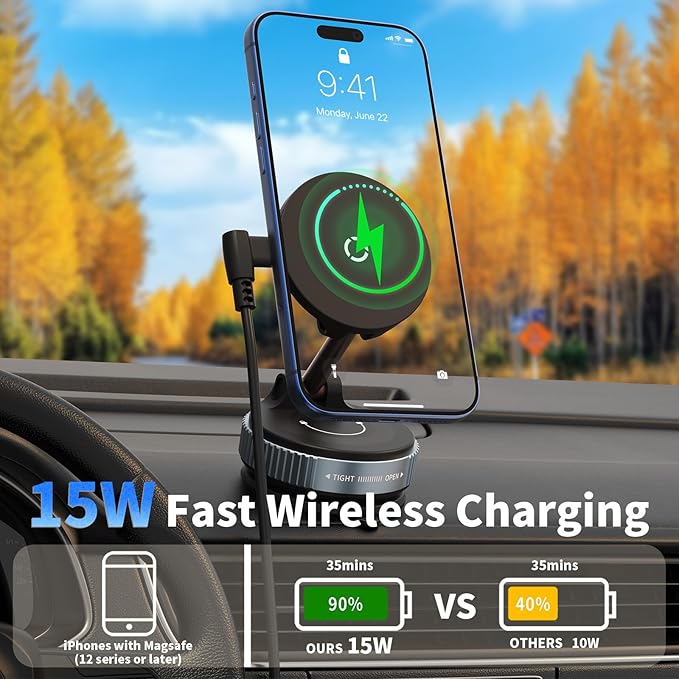 E EAKSON Wireless Car Charger - 15W Fast Wireless Charging Car Mount, 360° Adjustable Vacuum Magnetic Suction Phone Holders for Car, Magnetic Phone Holder for iPhone 17 16 15 14 13 12