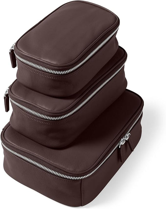 Leatherology Brown Nested Travel Organizer Trio – 3-Piece Leather Packing Set with Mesh Pocket, Elastic Loops & Water-Resistant Lining – Compact Storage for Tech, Toiletries & Travel Essentials