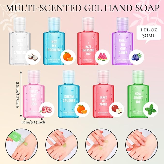 Frienda 24 Pcs Funny Hand Sanitizers with Sarcastic Sayings Mini Travel Size Pocket Hand Sanitizers Berry Peach 1 oz Gag Work Gifts for Christmas Stocking Stuffers Teacher Employee Appreciation Gifts