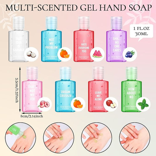 Frienda 24 Pcs Funny Hand Sanitizers with Sarcastic Sayings Mini Travel Size Pocket Hand Sanitizers Berry Peach 1 oz Gag Work Gifts for Christmas Stocking Stuffers Teacher Employee Appreciation Gifts