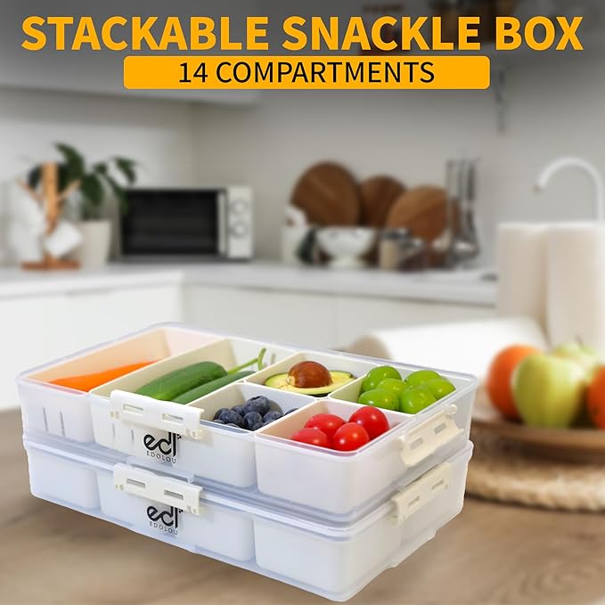 Stackable Snackle Box Organizer – 14 Compartments, BPA-Free & Portable with Lids & Handles – Reusable, Dishwasher & Microwave Safe Snacklebox for Fruits, Veggies & Snacks (White, 2 Pack)