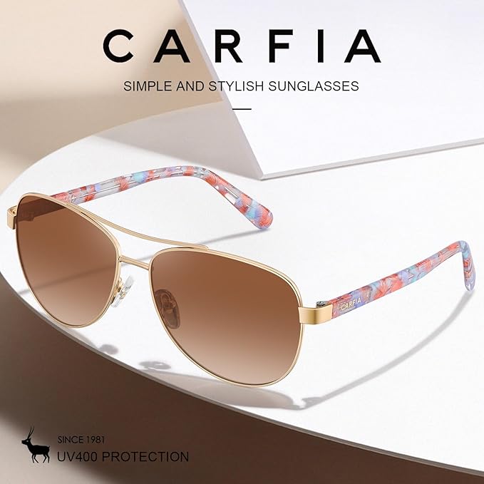CARFIA Retro Trendy Pilot Sunglasses for Women Polarized UV Protection, Lightweight Outdoor Driving Lady Sunnies Metal Frame