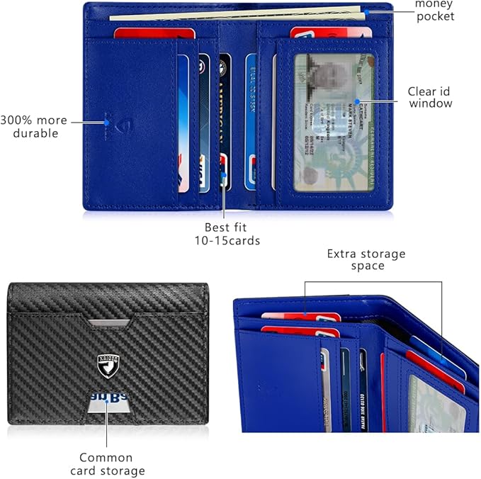 GSOIAX Wallet for Men Slim RFID Blocking Front Pocket Bifold Wallet Leather Money Clip 10-12 Cards Mens Wallet with ID Window Thin Minimalist Credit Card Holder Birthday Gifts for Men Carbon-Blue