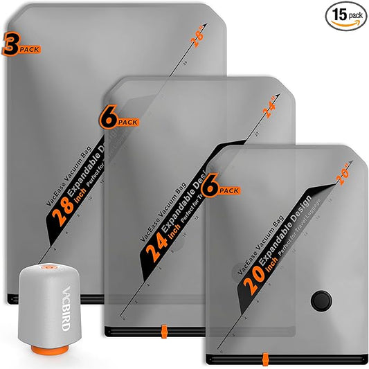 Rechargeable Wireless Pump Travel Storage Bags Set - 15 Pack Portable Space Saver Bags for Travel & Home - Vacuum Compression Packing Seal for Clothes, Blankets, Seasonal Storage
