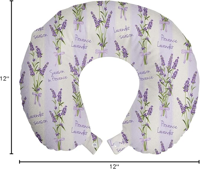 Ambesonne Lavender Travel Pillow Neck Rest, Stripes and Flowers Ribbons Romantic Country Spring Season Inspired Design Art, Memory Foam Traveling Accessory for Airplane and Car, 12", Purple