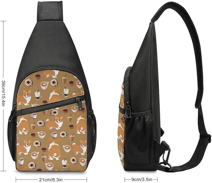SWEET TANG Men's Crossbody Bags, Casual Daypacks Shiba Inu Coffee Print Dog And Coffees for Cycling and Travel, Fashion Sling Shoulder Backpack Square Rucksack with Small Pocket for Key Purse