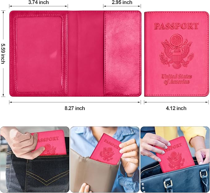 Passport and Vaccine Card Holder Combo, with Slot, Wallet, Cover, Case, for Women Men(AD-Rose Red)