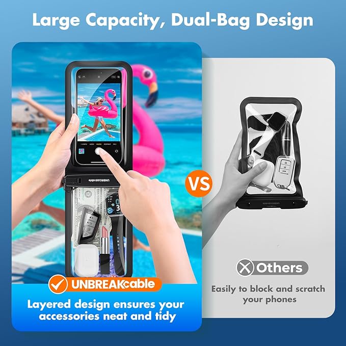 UNBREAKcable IPX8 Waterproof Phone Pouch 2-Pack, Double Space Waterproof Phone Case for iPhone 15 16 17 Pro Max up to 7", Cellphone Dry Bag with Lanyard for Beach Kayak Cruise Travel Essentials
