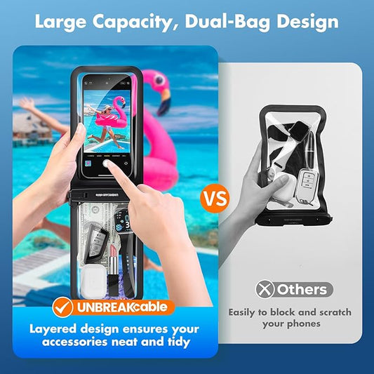 UNBREAKcable IPX8 Waterproof Phone Pouch 2-Pack, Double Space Waterproof Phone Case for iPhone 15 16 17 Pro Max up to 7", Cellphone Dry Bag with Lanyard for Beach Kayak Cruise Travel Essentials